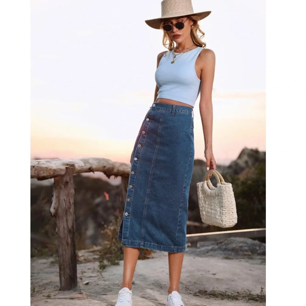 Women's Casual High Waisted Solid Button Up Blue Denim Jean Midi Skirt